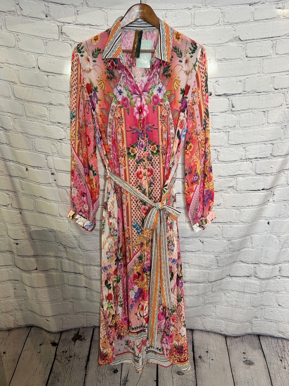 Aratta Silent Journey Floral Pink Multi Tie Waist Maxi Shirt Dress Size Large
